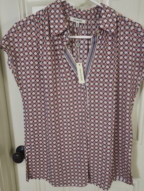 New With Tags Max Studio Geometric Print Polo Blouse in Navy & Coral